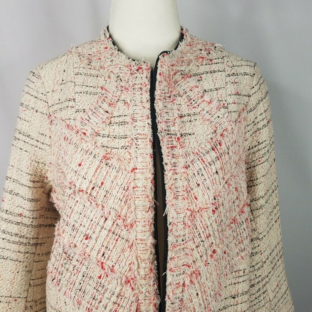 TOME Womens Frayed Boucle Blazer Size Medium Cream Red Black Lined 3/4 Sleeves
